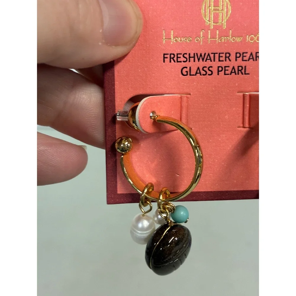 House of Harlow Gold Tone Freshwater Pearl Glass Pearl Scarab‎ Hoop Earrings NEW